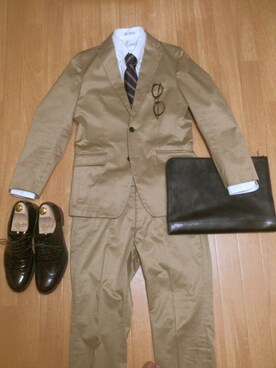 「クラッチバッグ(MASON Voyage×2,SLOW×1)（クラッチバッグ、ブルー系）」を使った、バオーさん（メンズ・173cm）の春コーディネート