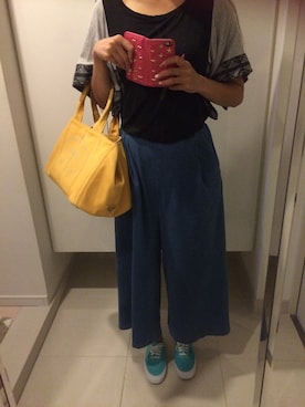 「GU（ジーユー）のアイテム（パンツ、ブルー系）」を使った、かな♡さん（レディース）の春コーディネート