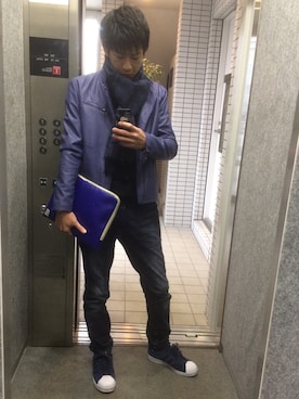「blue」｜「アイテム（ライダースジャケット）」を使った、SkySeaBlueさん（メンズ・167cm）の冬コーディネート