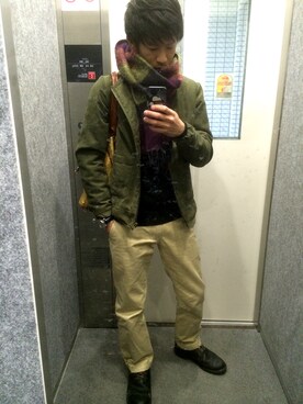 「HERE'S（HERE'S）のアイテム（ノーカラージャケット）」を使った、SkySeaBlueさん（メンズ・167cm）の冬コーディネート