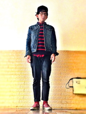 「red」｜「アイテム（モカシン/デッキシューズ）」を使った、Gorbinzsheさん（メンズ・170cm）の冬コーディネート
