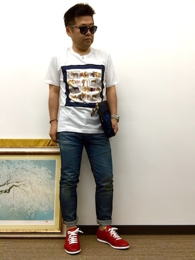 「赤い靴」｜「アイテム（スニーカー）」を使った、だいざえもんさん（メンズ・166cm）の夏コーディネート