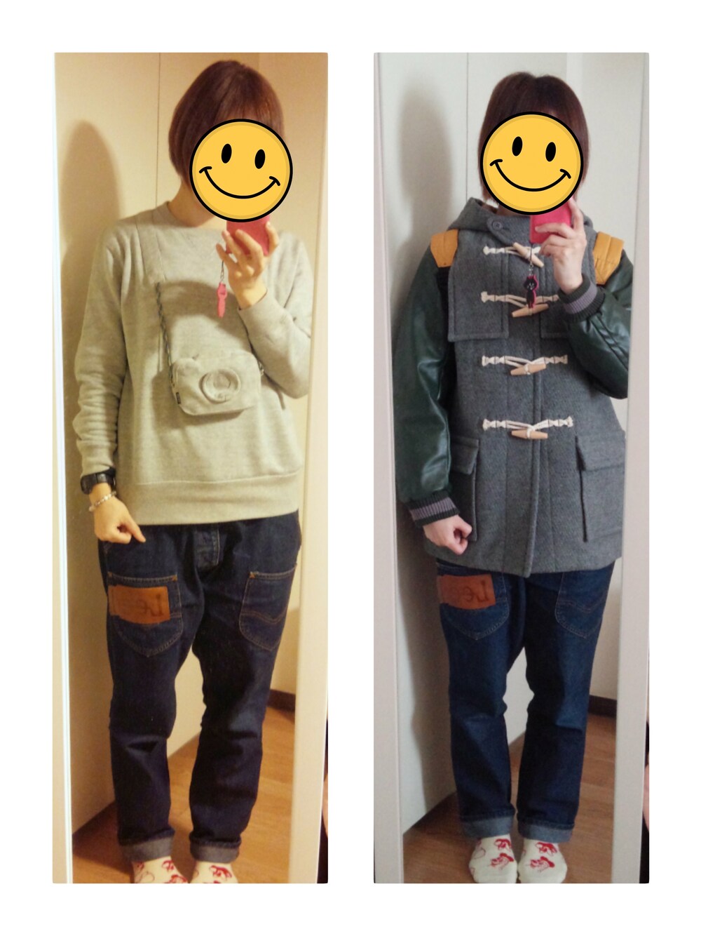 イエロー系のバックパック/リュック、グレー系のスウェット、ブルー系のデニムパンツを着用したレディースの秋コーディネートの1枚目の写真