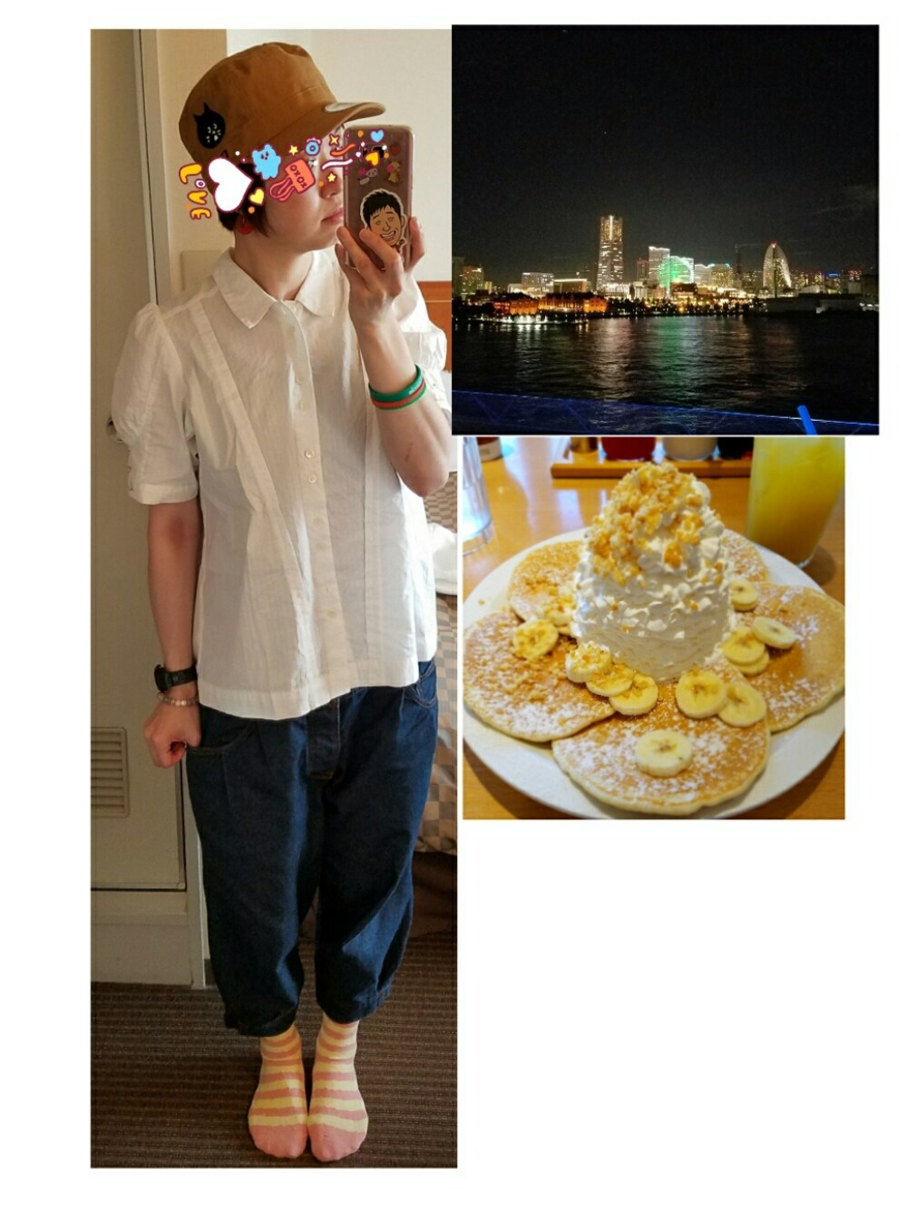 ホワイト系のシャツ/ブラウス、ブルー系のデニムパンツ、ピンク系のソックス/靴下を着用したレディースの秋コーディネートの1枚目の写真