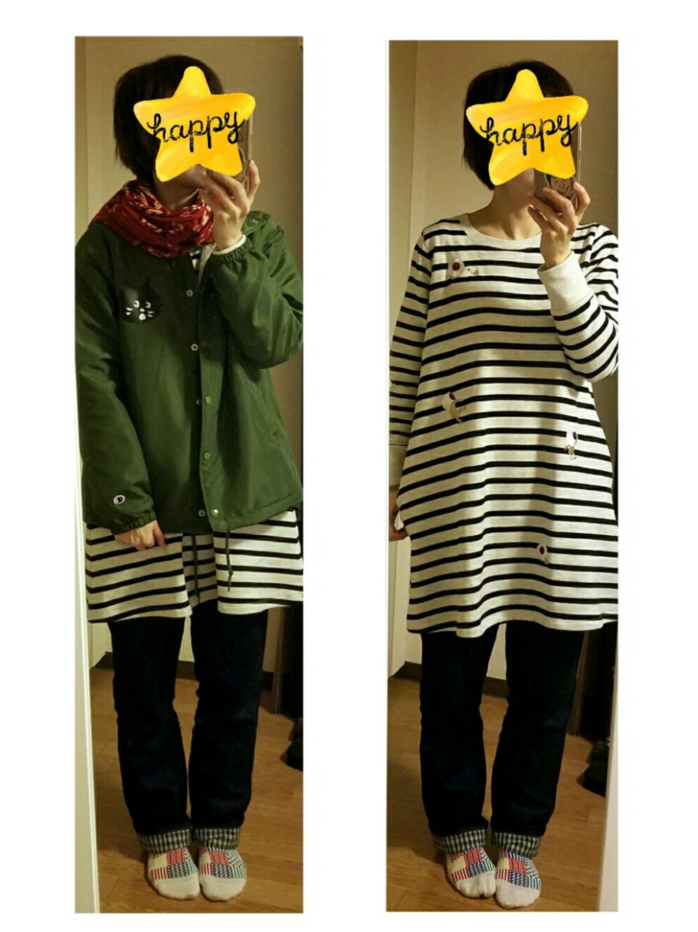 「にゃー、グラニフ、ボーダー、ワンピース、ネネット」｜「Design Tshirts Store graniphのゲゲゲの鬼太郎スウェットワンピース/目玉おやじとボーダー（ワンピース、ベージュ系）」を使った、らぶこさん（レディース・162cm）の秋コーディネートの1枚目の写真