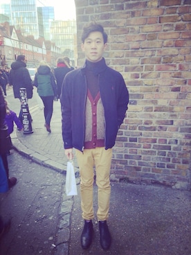 「Ted Baker（テッドベーカー）のアイテム（ブーツ）」を使った、Nicolas Chungさん（メンズ・178cm）の冬コーディネート