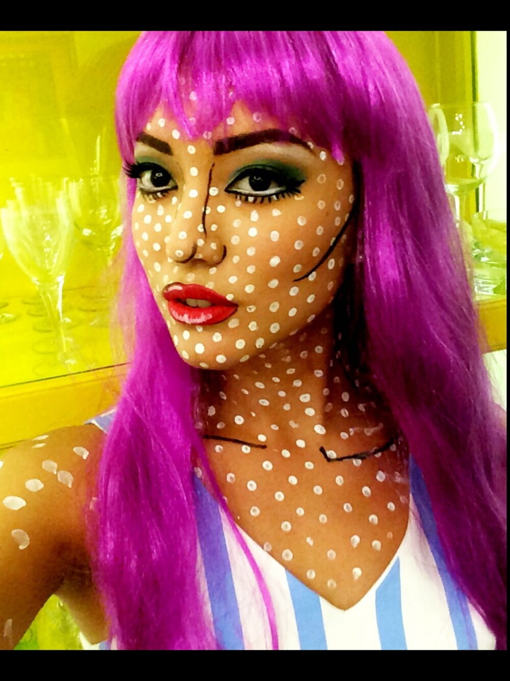 「WEAR HALLOWEEN 2014、comic、pop art、popart、halloweenmakeup、Halloween 2014」｜「FOREVER 21のアイテム（ワンピース、ブルー系）」を使った、Hanli Hoeferさん（レディース・174cm）の秋コーディネートの1枚目の写真