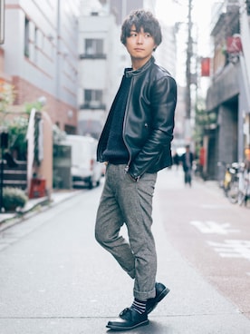 「united arrows」｜「アイテム（ライダースジャケット）」を使った、堀口英剛@monographさん（メンズ・168cm）の冬コーディネート