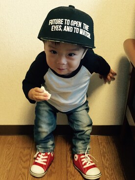 「BeBe（ベベ）のアイテム（キャップ）」を使った、ruisboyさん（キッズ・70cm）の夏コーディネート