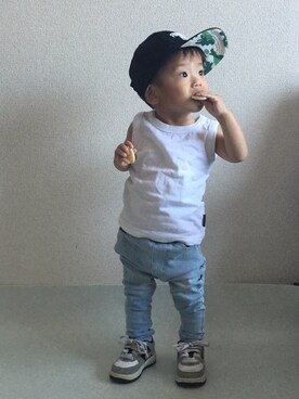 「BeBe（ベベ）のアイテム（キャップ）」を使った、ruisboyさん（キッズ・70cm）の夏コーディネート