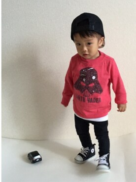 「BeBe（ベベ）のアイテム（キャップ）」を使った、ruisboyさん（キッズ・70cm）の秋コーディネート