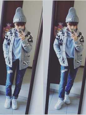 「カウチンセーター」｜「アイテム（ブルゾン）」を使った、mi-ta◡̈✩さん（レディース・158cm）の冬コーディネート