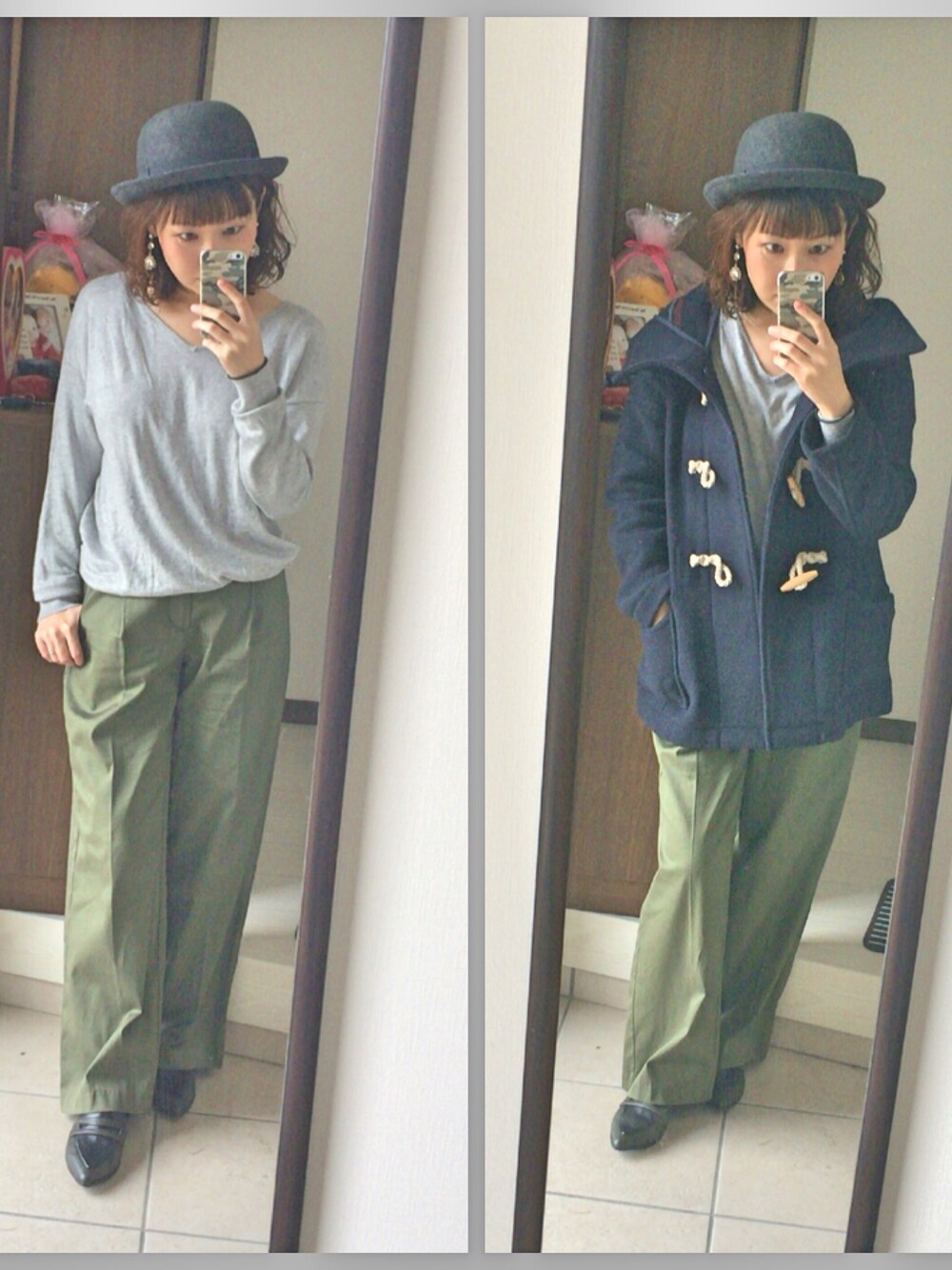 ブルー系のダッフルコート、グレー系のニット/セーター、グリーン系のパンツを着用したレディースの冬コーディネートの1枚目の写真