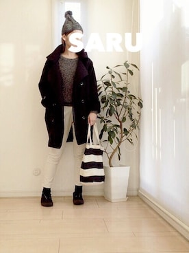 「ブラック×ホワイト」｜「アイテム（その他シューズ）」を使った、saruさん（レディース・160cm）の冬コーディネート