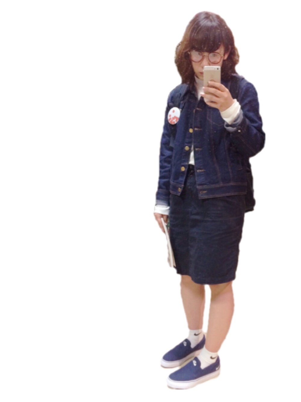 「無印良品、NIKE、NIKE TOKI、ボストンメガネ、タイトスカート、Gジャン、リュック女子」｜ｐ◦さん（レディース・156cm）の秋コーディネートの1枚目の写真