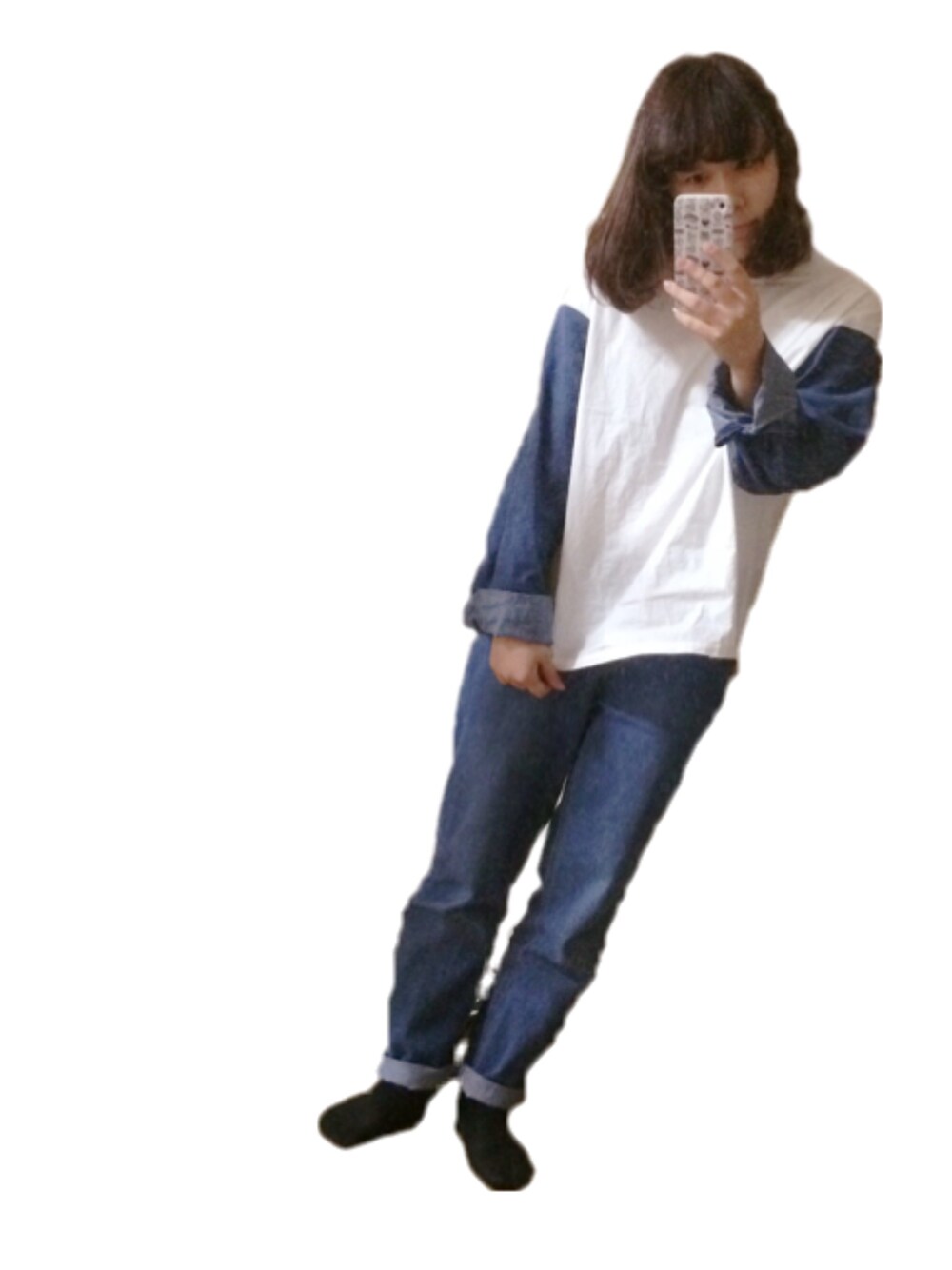 「ootd、デニム、デニム オン デニム、Kastane、used、コンバース」｜「Kastaneの【Kastane】デニムBIGブラウス（シャツ/ブラウス、ブルー系）」を使った、ｐ◦さん（レディース・156cm）の冬コーディネートの1枚目の写真
