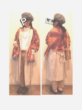 「KAPITAL」｜「アイテム（ハンチング/ベレー帽）」を使った、ぽんちゃむさん（レディース・150cm）の秋コーディネート