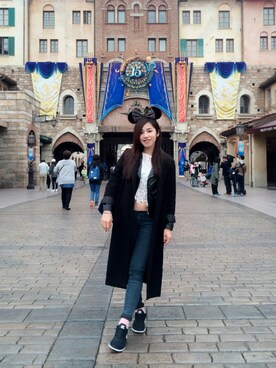 「disney」｜「アイテム（ライダースジャケット）」を使った、Cathy/千千さん（レディース・157cm）の春コーディネート