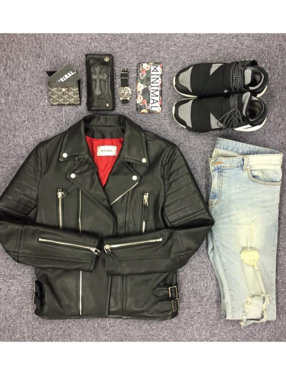 「minimaltko、ridersjacket、ライダース、クロムハーツ、ゴヤール、goyard、Y-3、y3、yohjiyamamoto」｜「MINIMALTKO.comのアイテム（ライダースジャケット、ブラック系）」を使った、J U Nさん（メンズ・180cm）の冬コーディネートの1枚目の写真