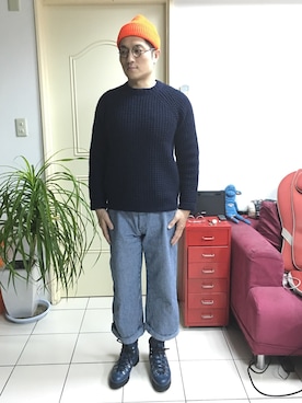 「アイテム（ブーツ、ブルー系）」を使った、ALさん（メンズ・174cm）の冬コーディネート
