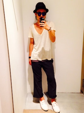 「Waste(twice)（ウェストトゥワイス）のアイテム（帽子）」を使った、HIROYUKI WATANABEさん（メンズ・177cm）の夏コーディネート