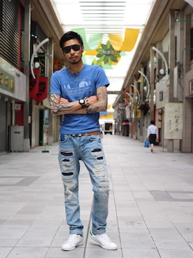 「CARRERA（カレラ）のアイテム」を使った、細澤ほそぴーさん（メンズ・177cm）の夏コーディネート