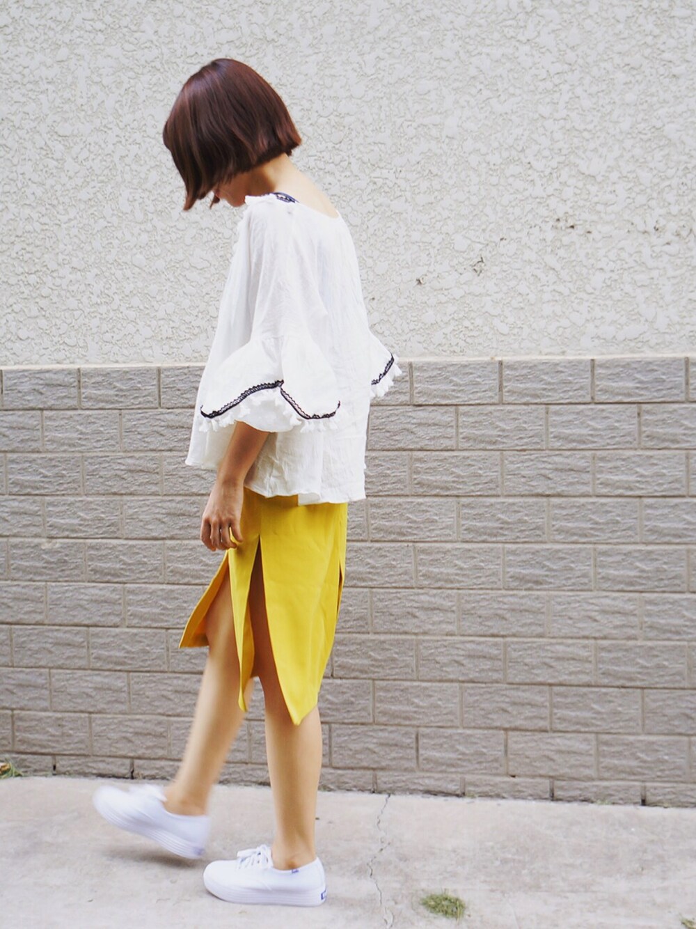 「シンプルスタイル、ゆるコーデ、休日スタイル」｜「WhatWear_Studioのアイテム（スカート、イエロー系）」を使った、nownowさん（レディース・158cm）の夏コーディネートの1枚目の写真