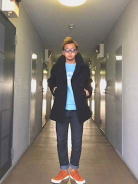 「Champion」｜「アイテム（ピーコート）」を使った、フクダタツヤさん（メンズ・172cm）の冬コーディネート