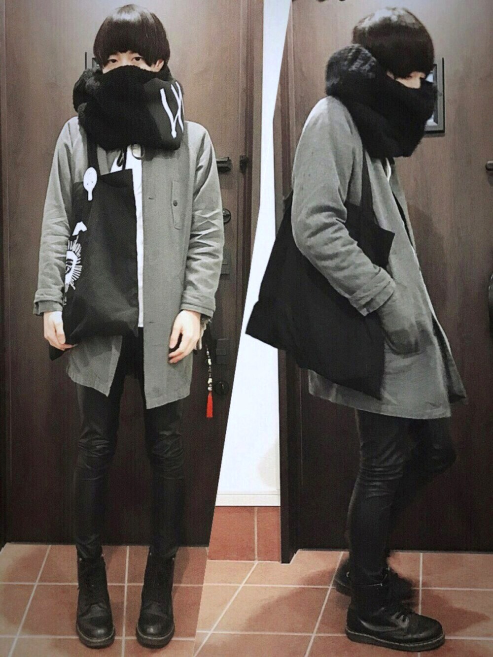 「ステンカラーコート、革パンツ、スキニー、SHAREEF、VIBGYOR(VIBGYOR)、THE NOVEMBERS、tripp nyc、Dr.Martens、イルカのイルカくん、きのこ」｜「MERZのSNOOD (MERZ-0010)（ストール/ショール、ブラック系）」を使った、たきのこさん（メンズ・174cm）の冬コーディネートの1枚目の写真