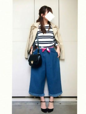 「ガウチョパンツ」｜「アイテム（デニムパンツ）」を使った、ななちよさん（レディース・156cm）の春コーディネート