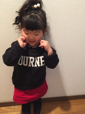 「petit main（プティマイン）のロゴデザイン裏起毛トレーナー（スウェット）」を使った、mei★さん（キッズ・90cm）の冬コーディネート