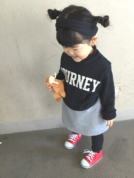 「petit main（プティマイン）のロゴデザイン裏起毛トレーナー（スウェット）」を使った、mei★さん（キッズ・90cm）の冬コーディネート