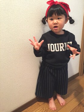 「petit main（プティマイン）のロゴデザイン裏起毛トレーナー（スウェット）」を使った、mei★さん（キッズ・90cm）の冬コーディネート