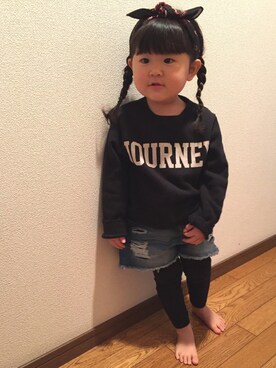 「petit main（プティマイン）のロゴデザイン裏起毛トレーナー（スウェット）」を使った、mei★さん（キッズ・90cm）の冬コーディネート