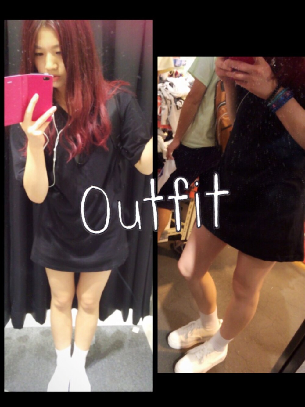 「simple、シンプル、黒、Tシャツ、ワンピース、白ソックス、白いスニーカー、korea、赤、赤髪」｜「WEGOのアイテム（Tシャツ/カットソー、ブラック系）」を使った、yukiさん（レディース・160cm）の夏コーディネートの1枚目の写真