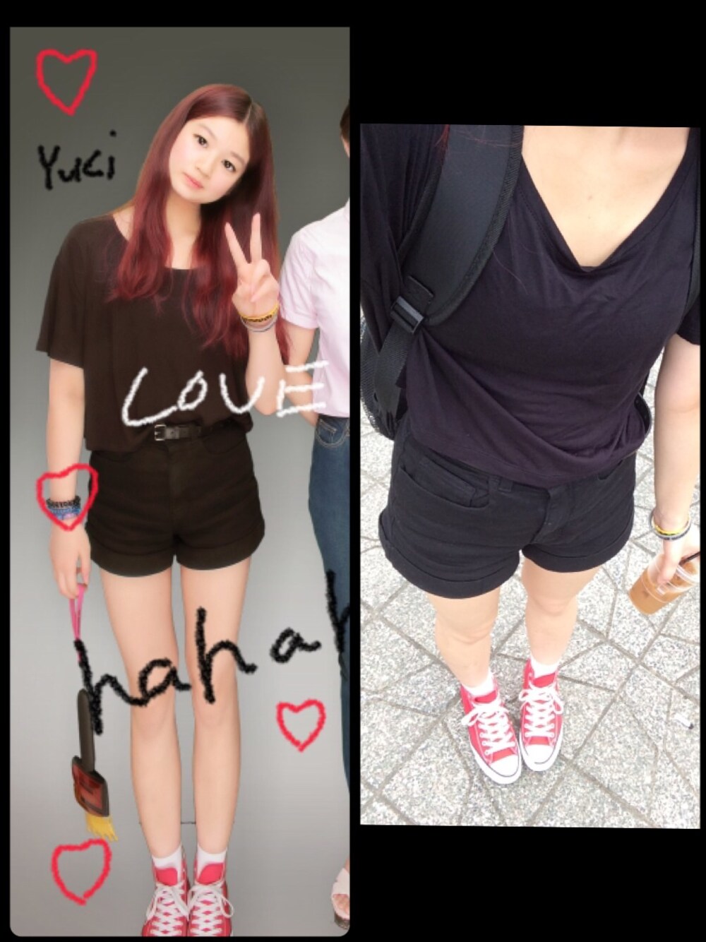 「黒、ショートパンツ、黒Tシャツ、Tシャツ、シンプル、black、アメアパ、アメリカンアパレル、コンバース、converse」｜「American Apparelのアイテム（デニムパンツ、ブラック系）」を使った、yukiさん（レディース・160cm）の夏コーディネートの1枚目の写真