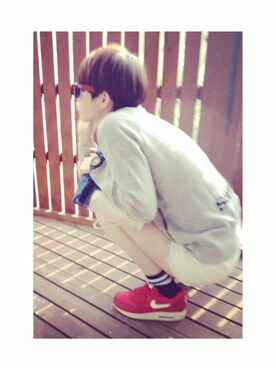 「X-girl（エックスガール）のLIGHTNING HAIR ELASTIC（ヘアゴム、レッド系）」を使った、megjiiさん（レディース・161cm）の春コーディネート