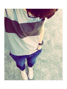 「niko and...（ニコアンド）の【niko and...】シルテン切替クループルオーバー（Tシャツ/カットソー、グレー系）」を使った、megjiiさん（レディース・161cm）の夏コーディネート