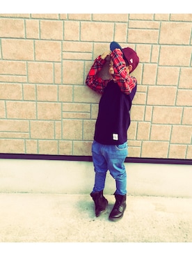 「Smoothy（スムージー）のSmoothy Mini Fleece lining×Check Long Tee / スムージー ミニ裏毛×チェックロングTシャツ（Tシャツ/カットソー、ブルー系）」を使った、megjiiさん（レディース・161cm）の秋コーディネート