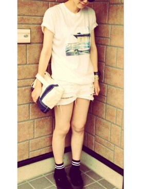 「LOWRYS FARM（ローリーズファーム）のラインソックス 540132（ソックス/靴下、ブラック系）」を使った、megjiiさん（レディース・161cm）の夏コーディネート