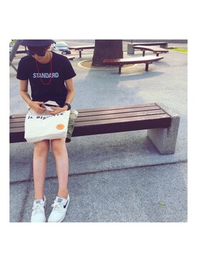 「THE NORTH FACE（ザノースフェイス）のアイテム（Tシャツ/カットソー、ブラック系）」を使った、megjiiさん（レディース・161cm）の夏コーディネート