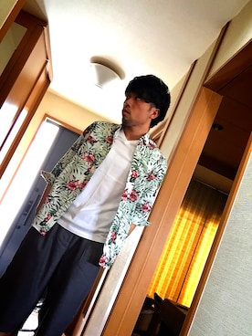 「WEGO（ウィゴー）のWEGO/ボタニカルリーフロングスリーブシャツ（シャツ/ブラウス、ホワイト系）」を使った、みきたくやさん（メンズ・174cm）の夏コーディネート