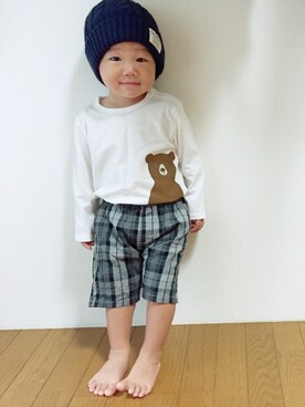 「無印良品（ムジルシリョウヒン）のアイテム（Tシャツ/カットソー、ホワイト系）」を使った、amamaさん（キッズ）の秋コーディネート