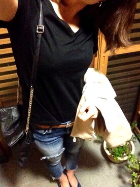 「Ungrid（アングリッド）のフレイドヘムストスリ（デニムパンツ）」を使った、minaさん（レディース・163cm）の春コーディネート