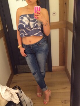 「アイテム（チューブトップ、ブルー系）」を使った、Yu Sheinar Laleiaさん（レディース・159cm）の秋コーディネート