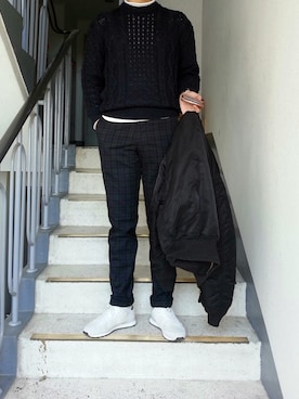 「MUJI」｜「アイテム（MA-1）」を使った、サンジュンさん（メンズ・177cm）の冬コーディネート