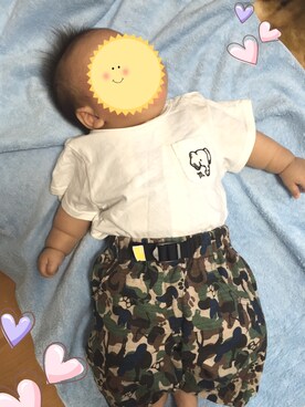 「Moujonjon（ムージョンジョン）のアイテム（ママ＆ベビー）」を使った、ゆーまんさん（キッズ・60cm）の夏コーディネート