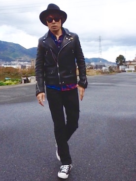 「スター」｜「アイテム（ライダースジャケット）」を使った、seiさん（メンズ・172cm）の冬コーディネート