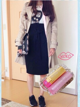 「ハイウエストスカート」｜「アイテム（トレンチコート）」を使った、きょーちゃんさん（レディース・158cm）の春コーディネート