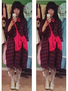 「アイテム（シャツワンピース、レッド系）」を使った、momiboboさん（レディース・163cm）の冬コーディネート